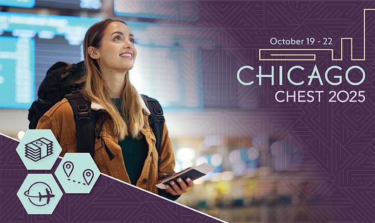 Smiling traveler at an airport, with the logo for  CHEST 2025 in Chicago, October 19–22.