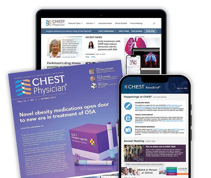 A collage of the CHEST Physician website, CHEST Physician print magazine, and NewsBrief newsletter