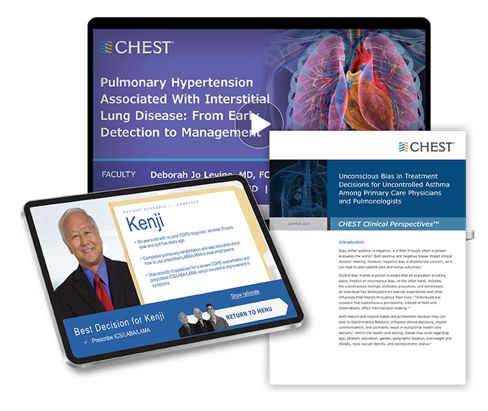 Collage of screenshots of a CHEST educational webinar, an e-learning module, and a white paper